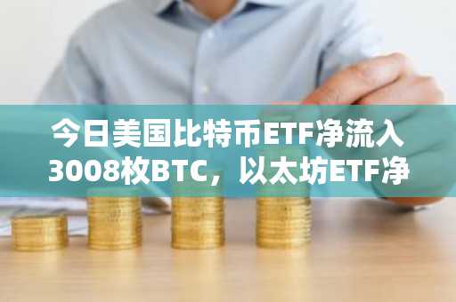 今日美国比特币ETF净流入3008枚BTC，以太坊ETF净流入287枚ETH